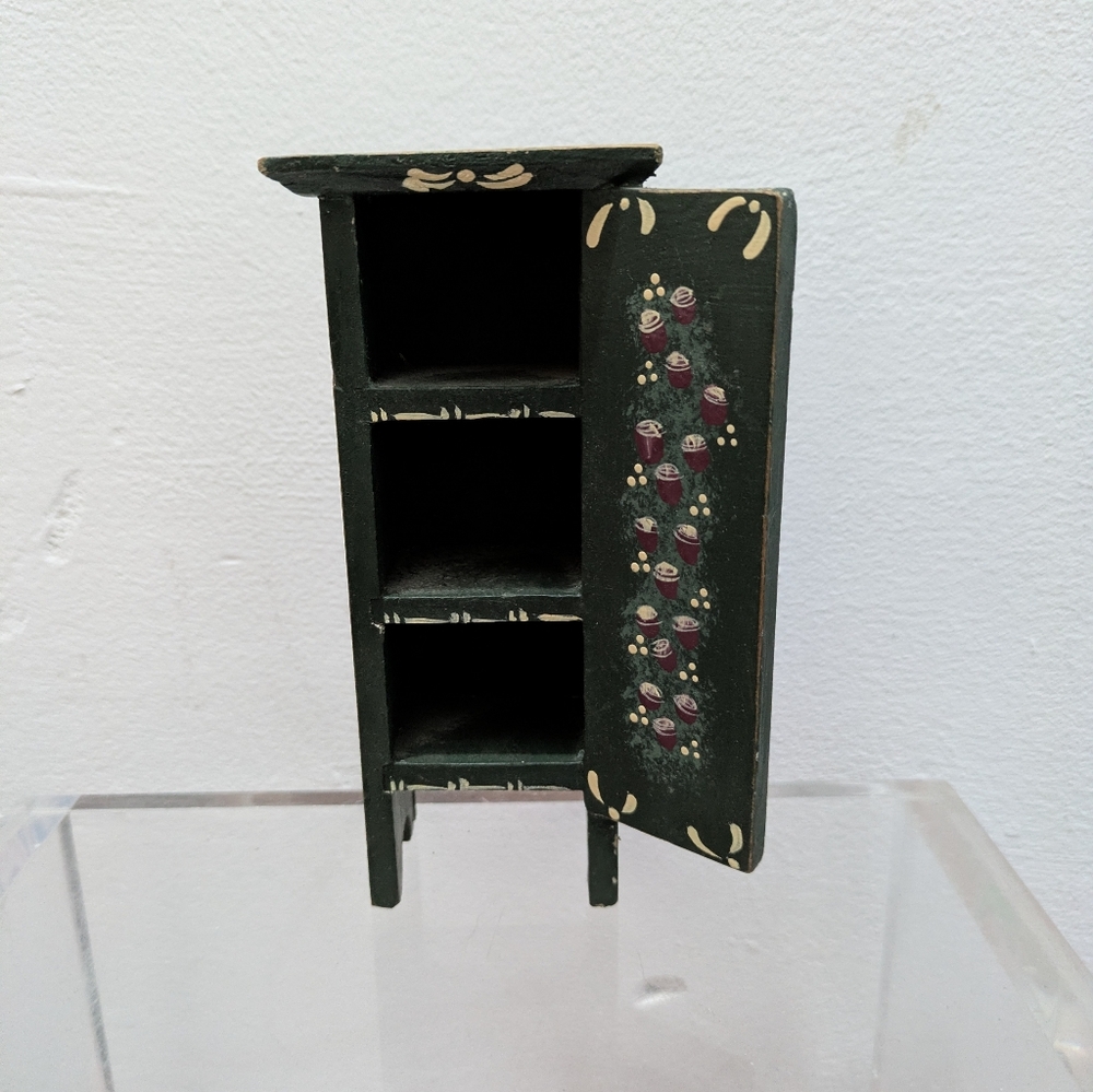 Folk Art Style Hand Painted Wooden Dollhouse Cabinet 6 Inches Tall